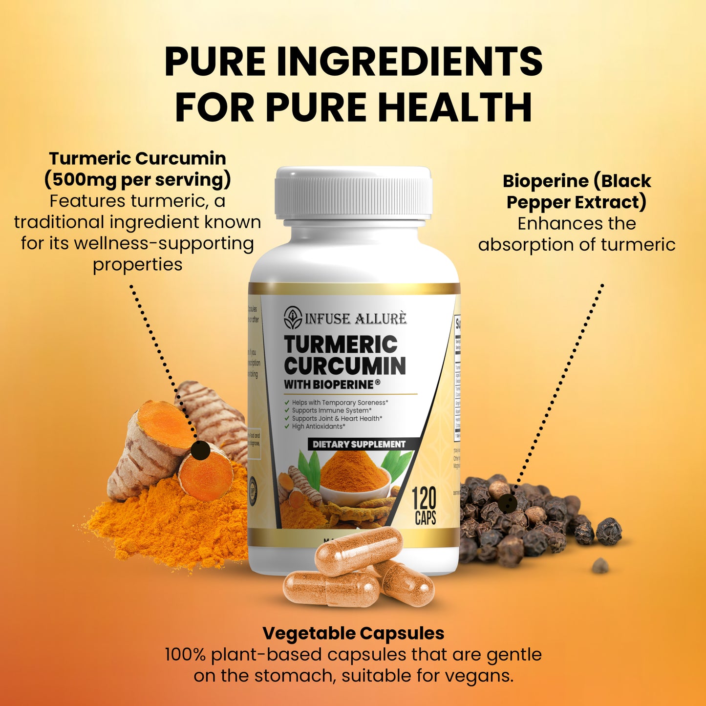 Turmeric Curcumin & Bioperine – Antioxidant for Brain, Heart, Skin, & Digestion – 120 Veg Capsules