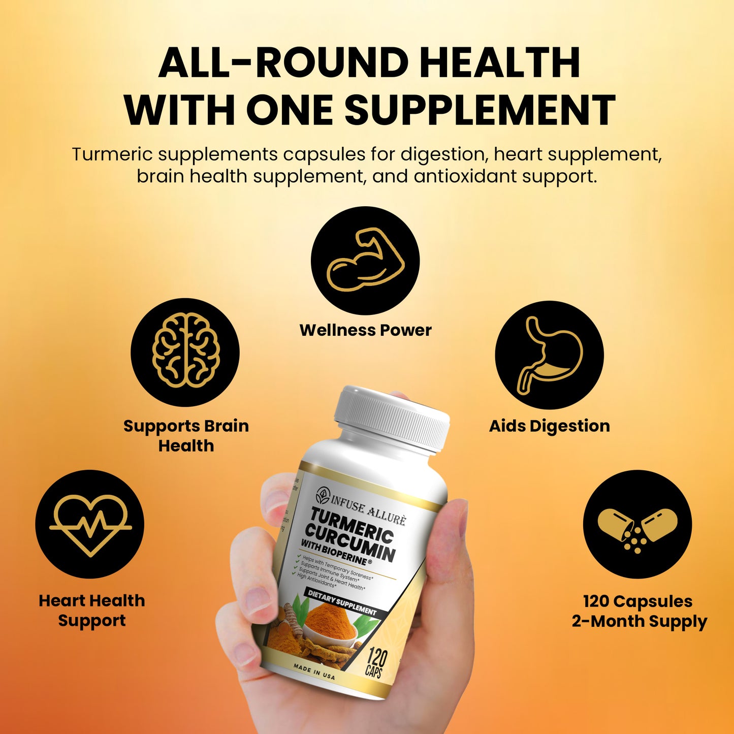 Turmeric Curcumin & Bioperine – Antioxidant for Brain, Heart, Skin, & Digestion – 120 Veg Capsules